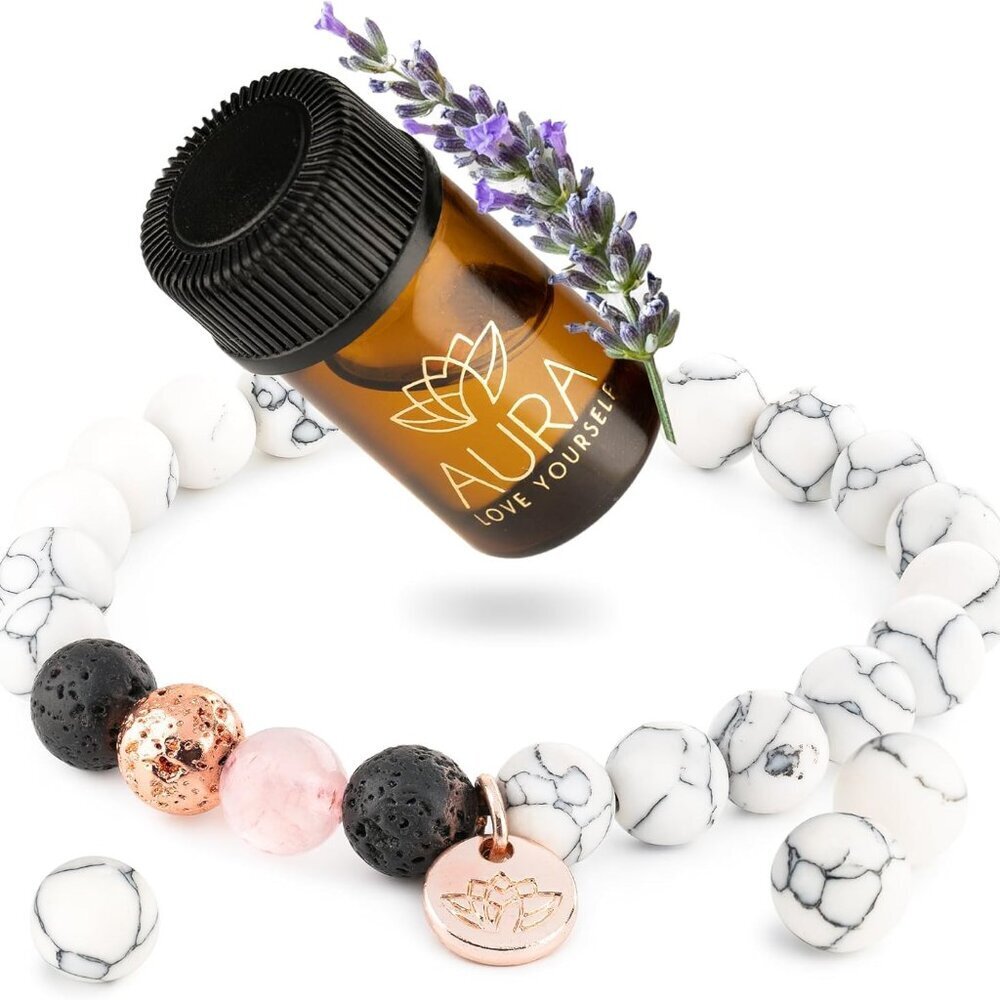 Lava Rock Beaded Diffuser Bracelet for Women with Lavender Essential Oil, 18K Go
